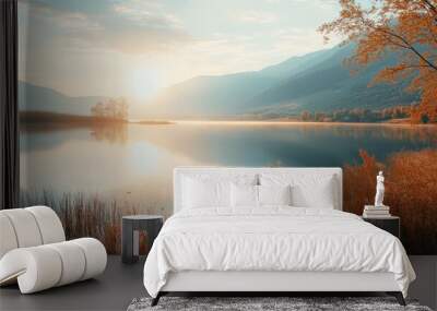 Lake with tall grass and trees Wall mural