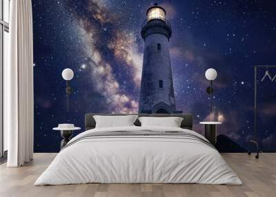 Lighthouse on Rock at Night Wall mural