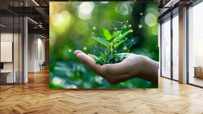 Palm holding a sapling with a glowing digital grid network Wall mural