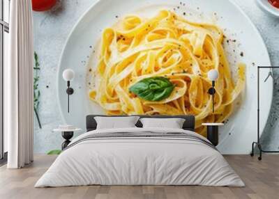 Pasta dish on white plate Wall mural