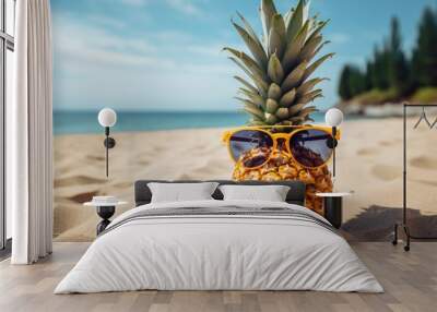 Pineapple in sunglasses on a sandy beach, the concept of a summer vacation, a seaside resort.  Wall mural