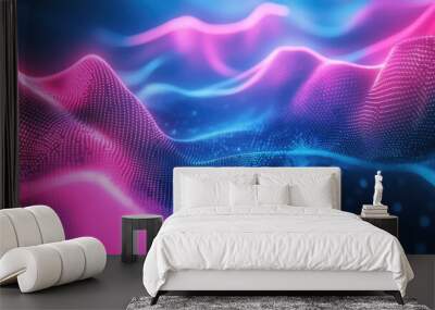 Purple, pink and blue digital waves on a deep blue background. Futuristic neon-like design elements suggest advanced tech concepts. Wall mural