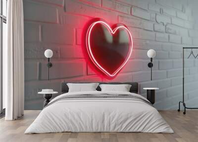 Red neon heart illumination against a white brick wall background. Wall mural