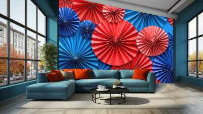 Set of vibrant red, white and blue paper party decorations for birthdays or events. Wall mural