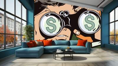 People in retro style pop art and vintage advertising. Man with binoculars monitors the rate of the dollar. Wall mural