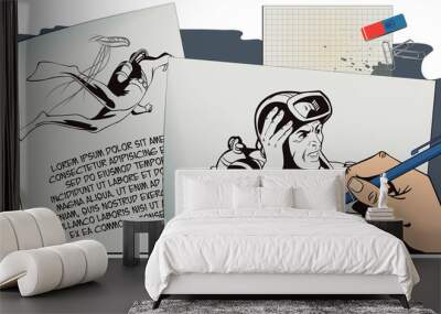 People in retro style. Hand paints picture. Diver. Wall mural