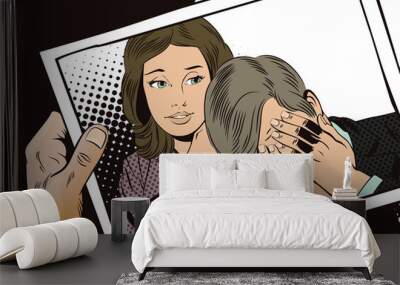 People in retro style. Woman soothes upset man Wall mural