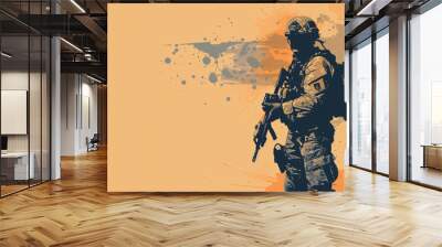 Silhouette of a soldier with an orange grunge background Wall mural