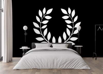 simple white laurel wreath icon centered on a black background symbolizing victory, honor, and achievement with a minimalist design Wall mural