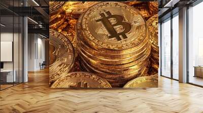 Stacked golden bitcoins Wall mural