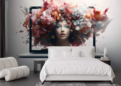 Tablet screen showcasing a woman amidst a vibrant digital floral explosion Wall mural