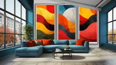 Three abstract paintings with a wave-like pattern in the middle. The paintings are in different colors and sizes Wall mural