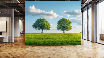 Two trees standing in field of green grass Wall mural