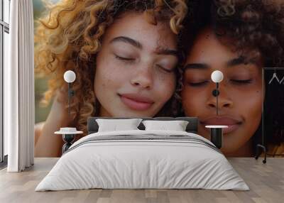 Two women with curly hair and brown skin are hugging each other. They both have a smile on their faces Wall mural