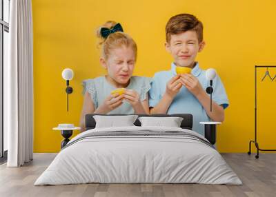 two young children, little girl and little boy taste sour lemon emotional, with sore, facial emotions negative, in blue T-shirt, isolated yellow background, copy space Wall mural