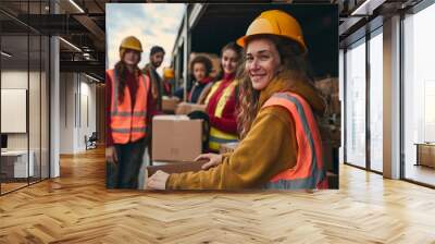 Volunteers work at a charity foundation, a refugee assistance center. A group of happy people unload cardboard boxes and donation boxes from the car for distribution to those in need. Wall mural