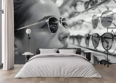 Woman admiring sunglasses display Wall mural