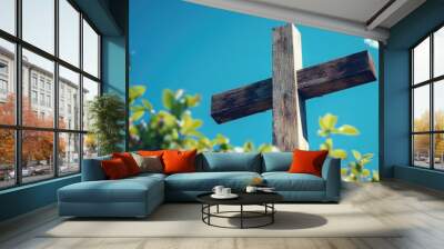 Wooden Cross Under Blue Sky Wall mural