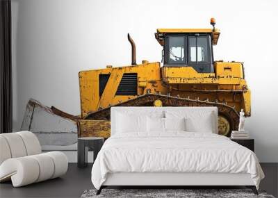 Yellow bulldozer with tracks on white Wall mural