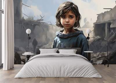 Young girl with a blue hood amidst destroyed city structures Wall mural