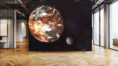 Dead planet earth and moon in the space. Global warming concept. Science fiction. Elements of this image were furnished by NASA Wall mural