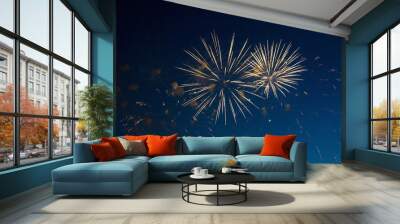 Firework over the blue sky at night, white, orange. Amateur photo. Noise. Grain. Wall mural