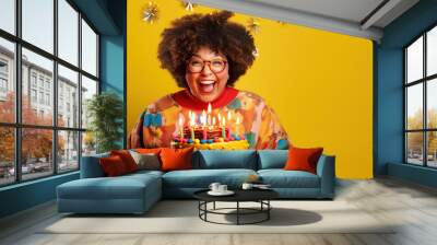 Beautiful african american woman with colorful cake celebrating birthday on yellow background. Cheerful and happy face. Generative AI Wall mural