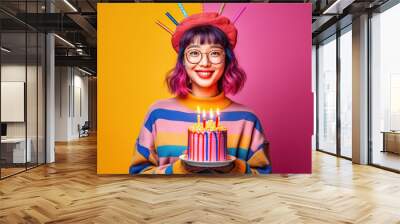 Beautiful asian woman with colorful cake celebrating birthday. Cheerful and happy face. Generative AI Wall mural