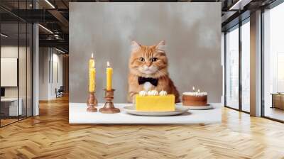 Elegant cat with bow tie with a birthday cake. Generative AI	 Wall mural