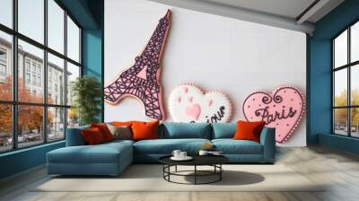 Gingerbread on the subject of France on white table. Heart, eiffel tower, paris. Love theme, valentine. Top view. Wall mural