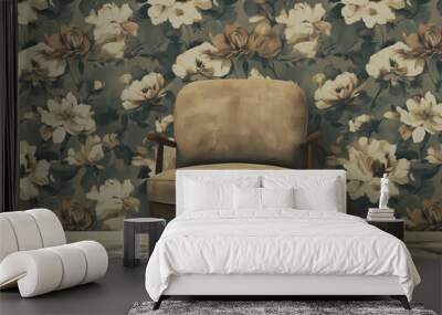 A vintage upholstered chair against a floral wallpaper backdrop in a cozy interior setting Wall mural