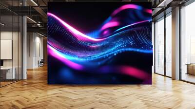 Abstract blue and pink particles surface is moving on black background Wall mural