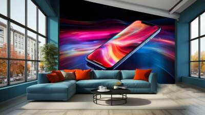 Smartphone, great design for any purposes. Realistic cell phone, concept of phone presentation. Frameless smartphone, modern advertising concept Wall mural