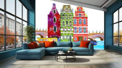 Amsterdam watercolor hand drawn illustration. Houses, bridges and boats with river Wall mural