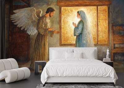 Angel gabriel with large white wings gesturing to a young woman praying, announcing she will birth jesus Wall mural