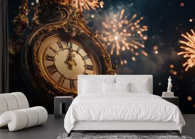 Antique clock is striking midnight on new year's eve as fireworks explode in the background Wall mural