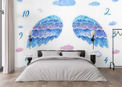 Baby milestone banket with hand drawn blue watercolor wings Wall mural