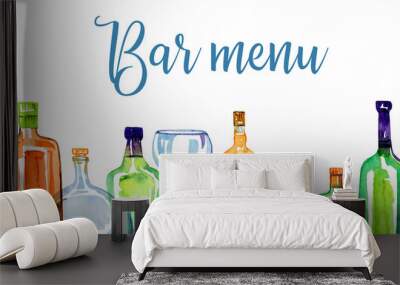 Bar menu cover design template. Transparent color glass alcohol bottles and drinking glasses in a row. Watercolor hand drawn sketch illustration Wall mural