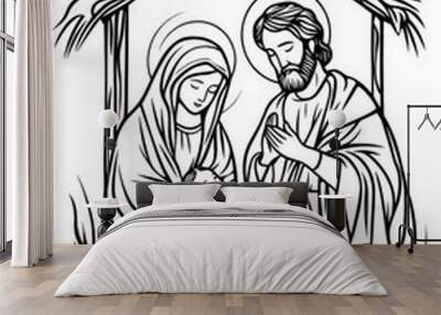 Beautiful illustration of the holy family in the manger, perfect for christmas crafts and activities Wall mural