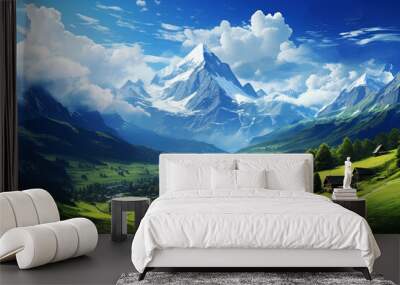 Beautiful summer landscape with snow-capped mountains and blue sky. Generative Ai Wall mural