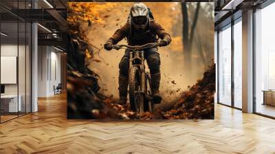 biker on cycle in the autumn forest. Generative Ai Wall mural