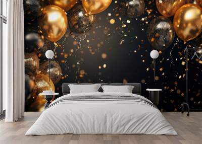 Black and gold balloons falling with confetti on a black background creating a festive scene Wall mural