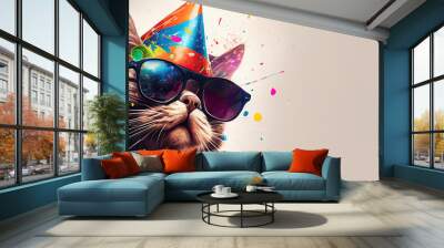 cat in party hat and sunglasses, happy anniversary concept, panoramic layout. Generative Ai Wall mural