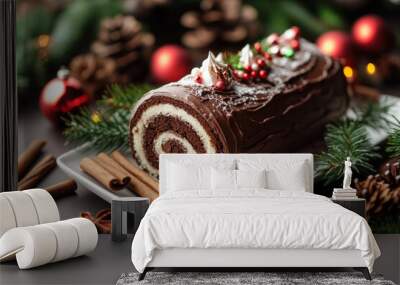 Chocolate yule log cake sitting on a white plate and decorated with christmas ornaments Wall mural