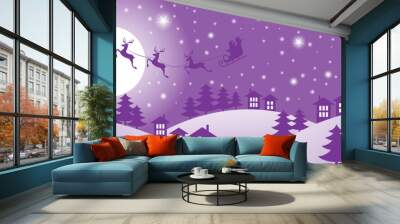 Christmas and new year reindeer with santa claus on a sleign. Moon, snowflakes, houses and christmas trees background. Vector illustration. Wall mural