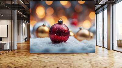 Christmas sparkling blurred background with Christmas baubles, snow and bokeh. Luxury header design. Red and golden Wall mural