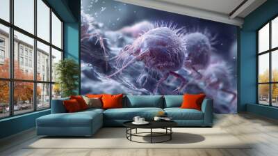 Close-up digital illustration of a dust mite in a microscopic view, depicting the allergen in its natural habitat on fibers Wall mural