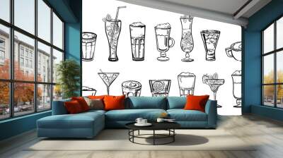 Coffee and cocktail drinks set. Hand drawn outline cartoon vector sketch. Black on white background Wall mural