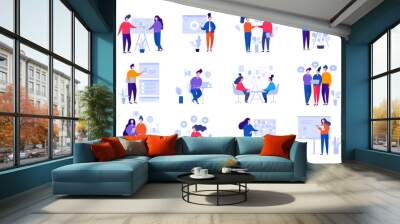 collection of illustrations with people working in the office, making a presentation, negotiating an Wall mural