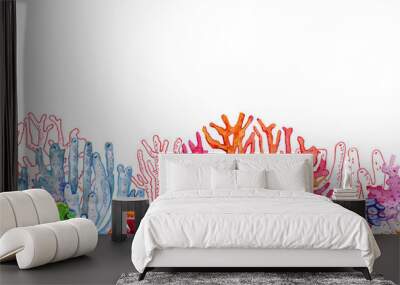 Colorful corals in a row. Hand drawn watercolor and outline illustration Wall mural